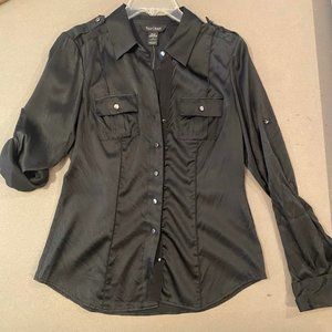 WHBM Silk Stretch Top; button/roll sleeves; with silver buttons; Size 4